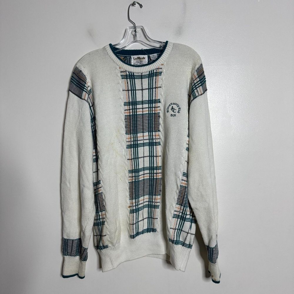 Vtg‎ 1920s Country Club Sweater Large Mens White Teal Cotton